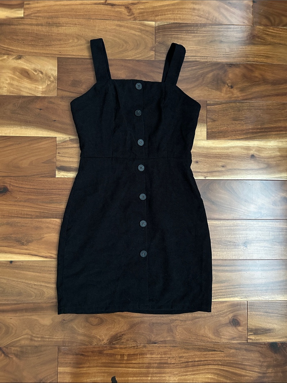 Black Button-Front Square Neck Mini Dress